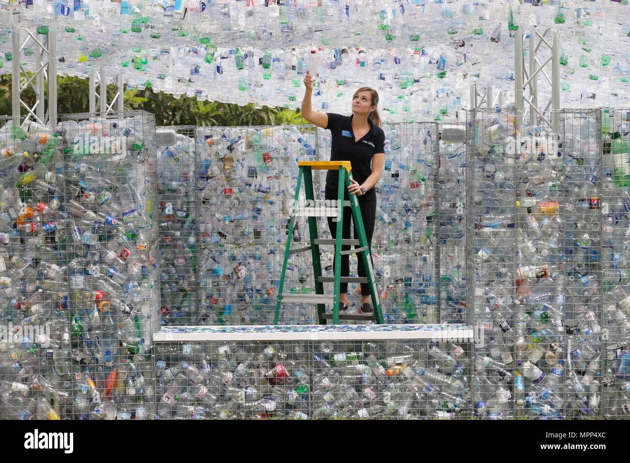 London, ZSL London Zoo in London. 24th May, 2018. Fiona Llewellyn, marine project manager at ZSL, poses for a picture adding a plastic bottle to the work the Space of Waste, an art installation highlighting the problem of plastic pollution, at ZSL London Zoo in London, Britain on May 24, 2018. The work, by artist and architect Nick Wood, is 16 feet high and is made from 15,000 discarded single use plastic bottles collected from London and its rivers. Credit: Tim Ireland/Xinhua/Alamy Live News Stock Photo