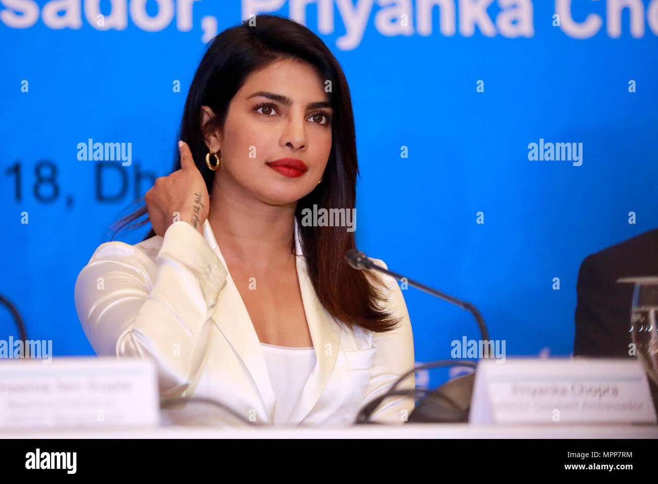 Dhaka, Bangladesh - May 24, 2018: Unicef Goodwill Ambassador and Bollywood actress Priyanka Chopra addresses a press conference in a city hotel after concluding her four-day visit in many Rohingya refugee camps at Cox's Bazar in Bangladesh. Stock Photo