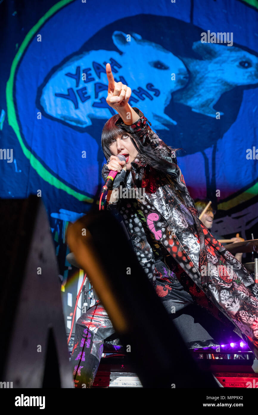 Singer Karen Lee Orzolek, better known by her stage name Karen O performs with the Yeah Yeah Yeahs at the 3 Arena. Stock Photo