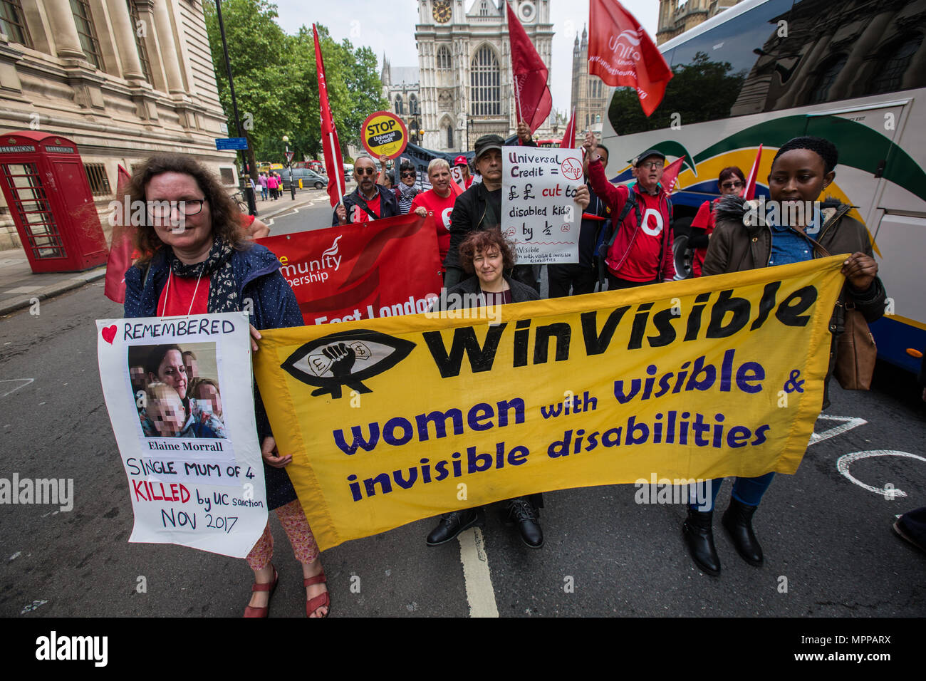 London, UK. 24 May, 2018. Protesters demonstrating outside Parliament during The Unite union’s national day of action against the Governments all-in-one benefit, Universal Credit. David Rowe/Alamy Live News Stock Photo