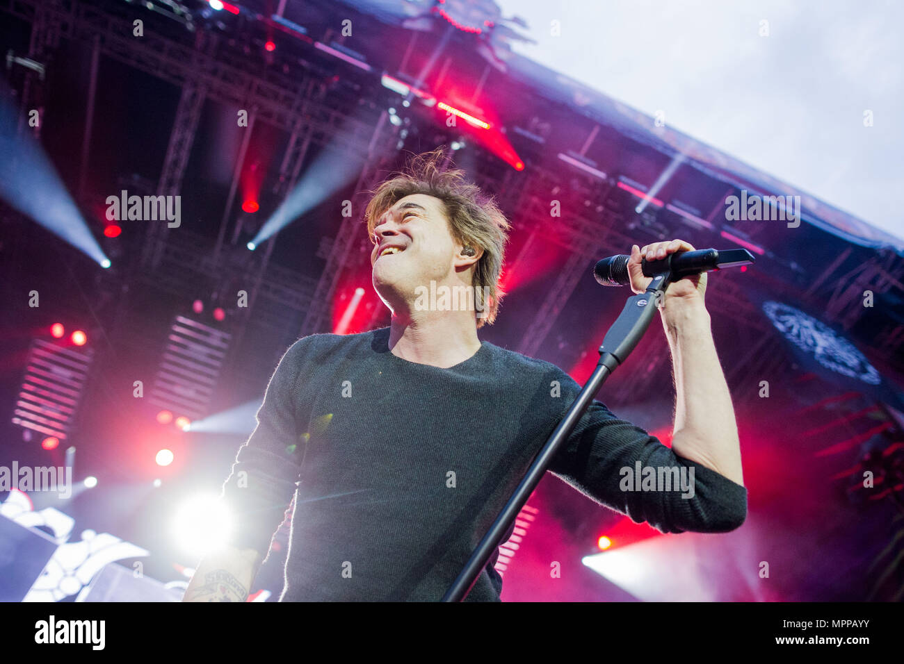 24 May 2018, Germany, Essen: Campino, singer with the band "Die Toten Hosen",  performing on stage. The concert is the first of the "Laune der Natour" tour,  which is set to run