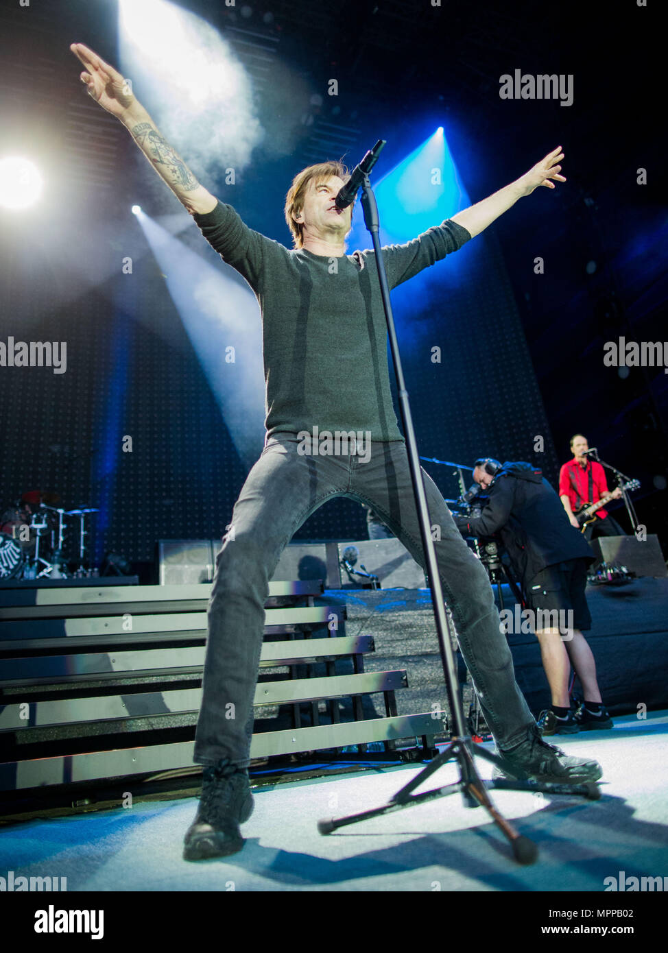 24 May 2018, Germany, Essen: Campino, singer with the band "Die Toten Hosen",  performing on stage. The concert is the first of the "Laune der Natour"  tour, which is set to run