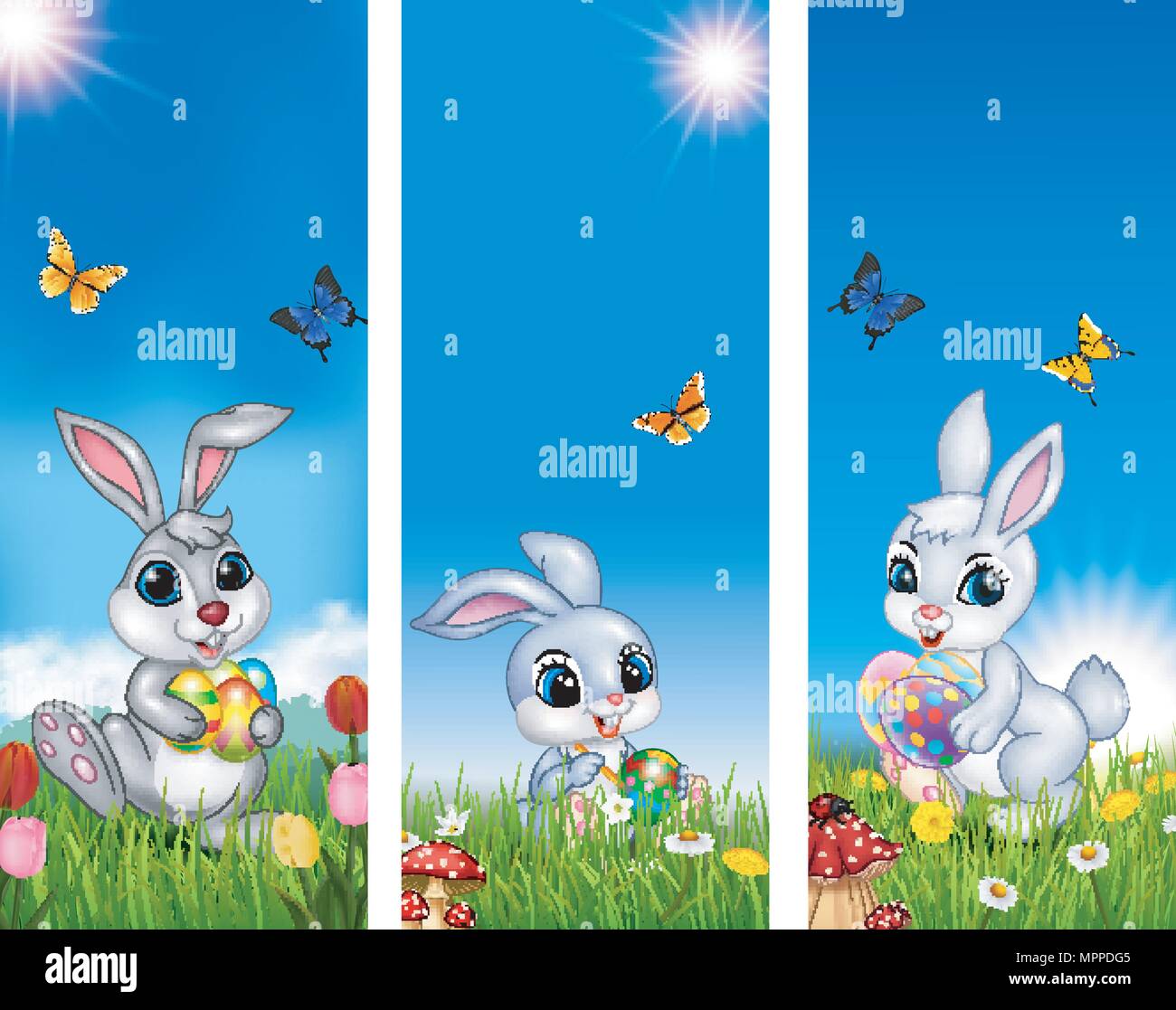 Set of tree Easter background with rabbit and Easter egg Stock Vector