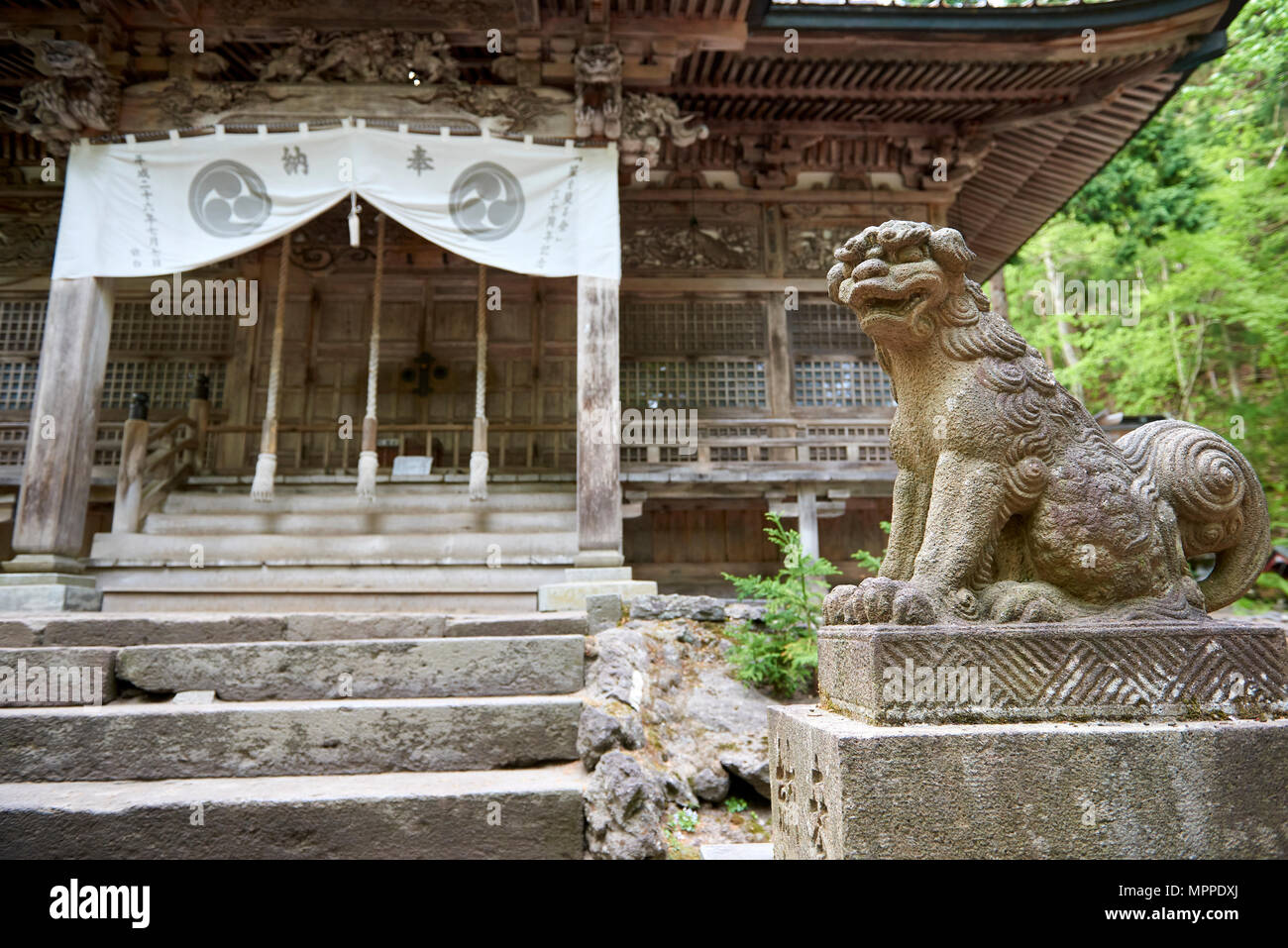 Ungyo komainu statue outside Towada Shinto shrine. The liondoglike
