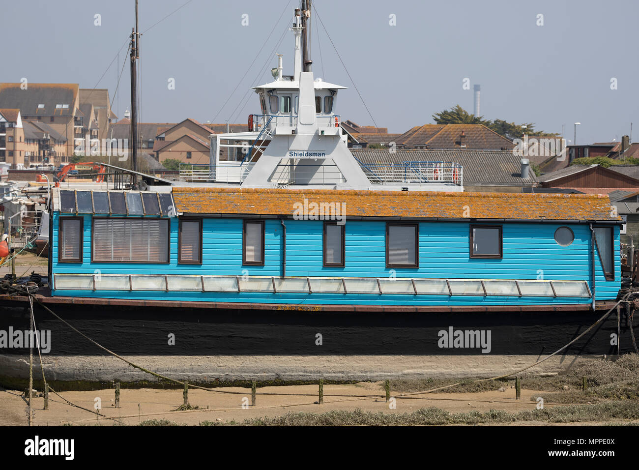 House boat at Shoreham Harbour, West Sussex, UK Stock Photo