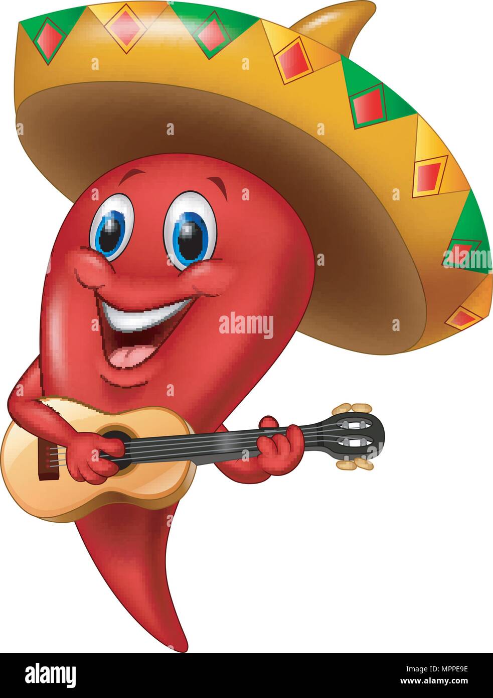 Chili pepper mariachi wearing sombrero playing a gitar Stock Vector