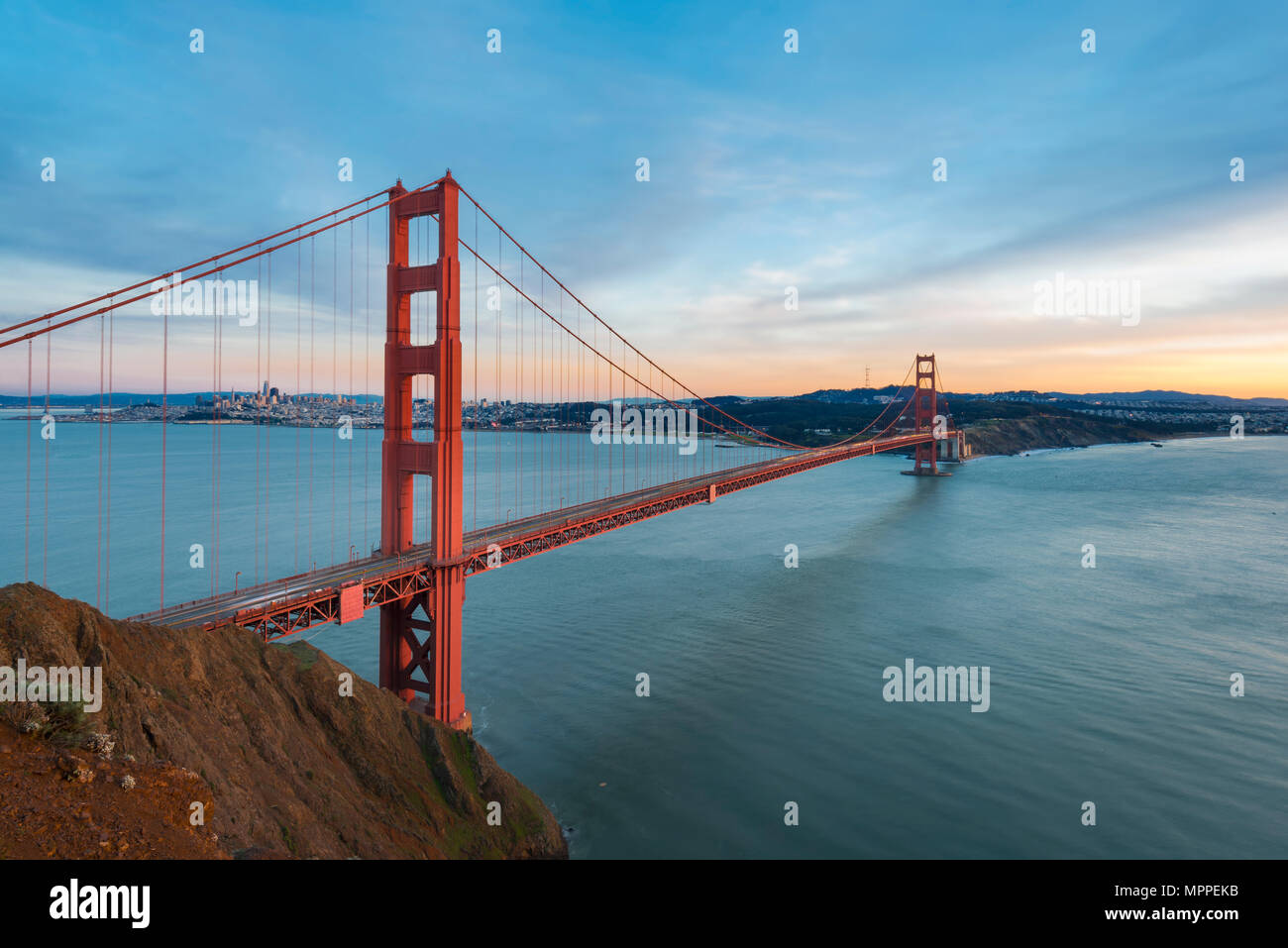 USA, California, San Francisco, Golden Gate Bridge at sunset Stock Photo