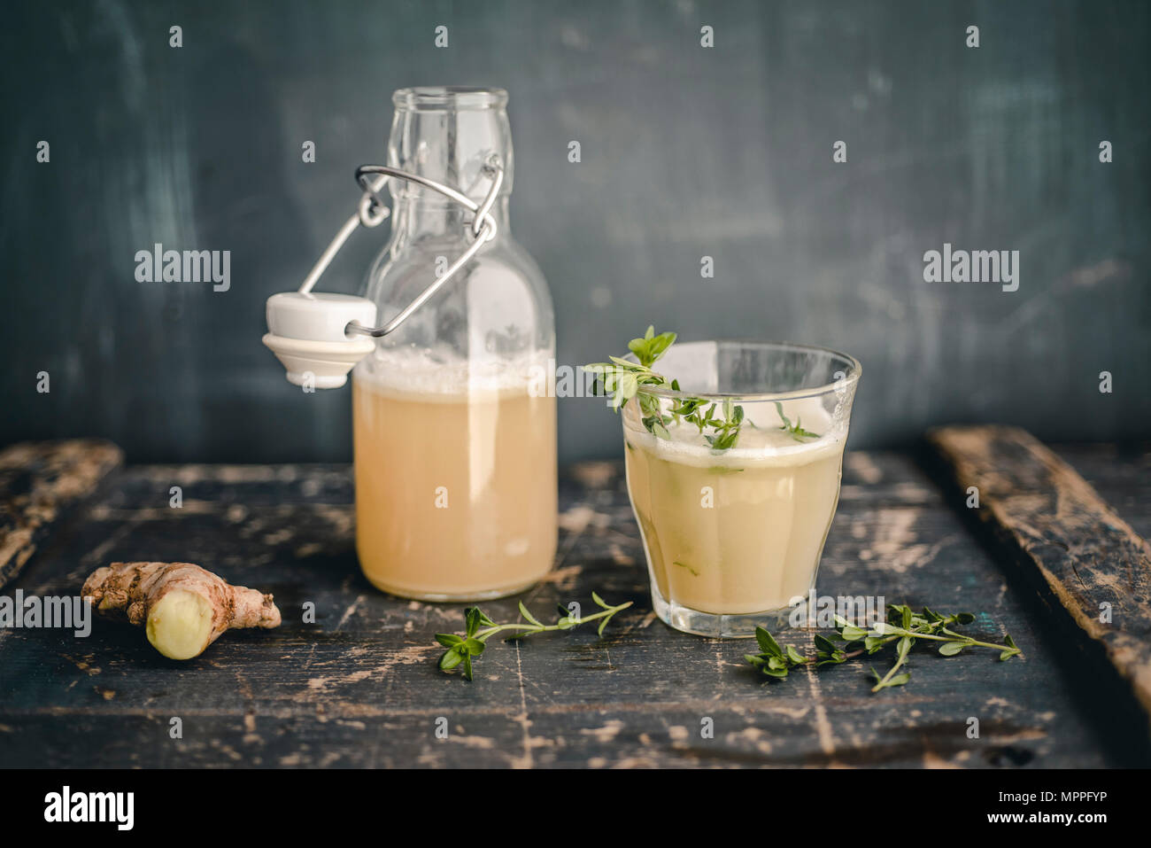 Glass and bottle of Switchel Stock Photo