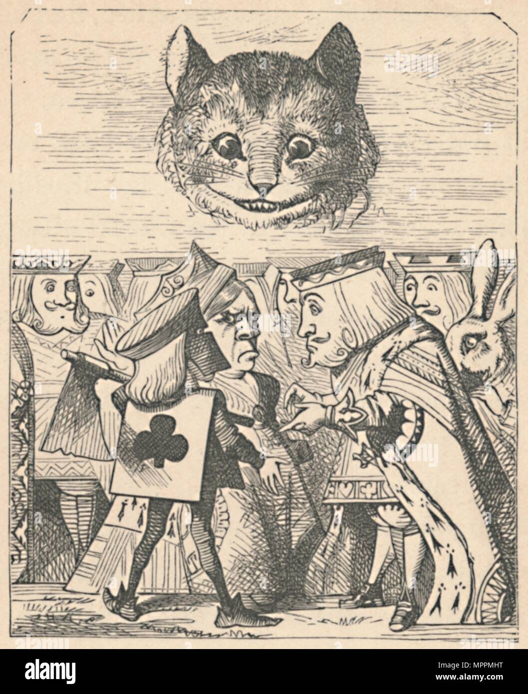 'The Cheshire Cat looking down at the Red King and Queen having an argument', 1889. Artist: John Tenniel. Stock Photo