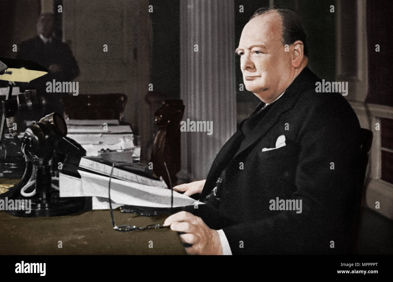 'Mr. Churchill's V.E. Day Broadcast', 1945 (1955). Artist: Unknown. Stock Photo