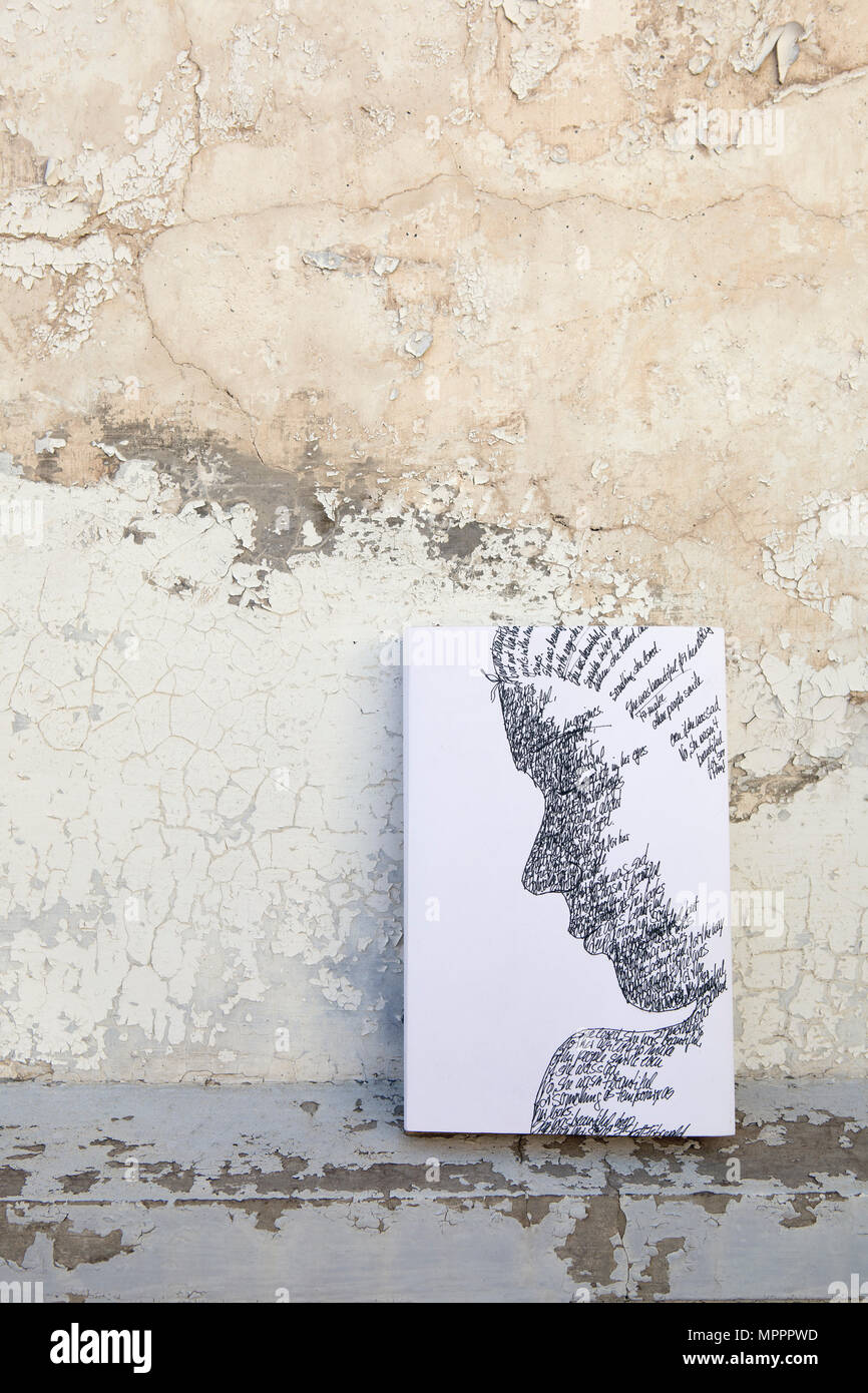 Book with female face on the cover leaning against weathered wall Stock Photo