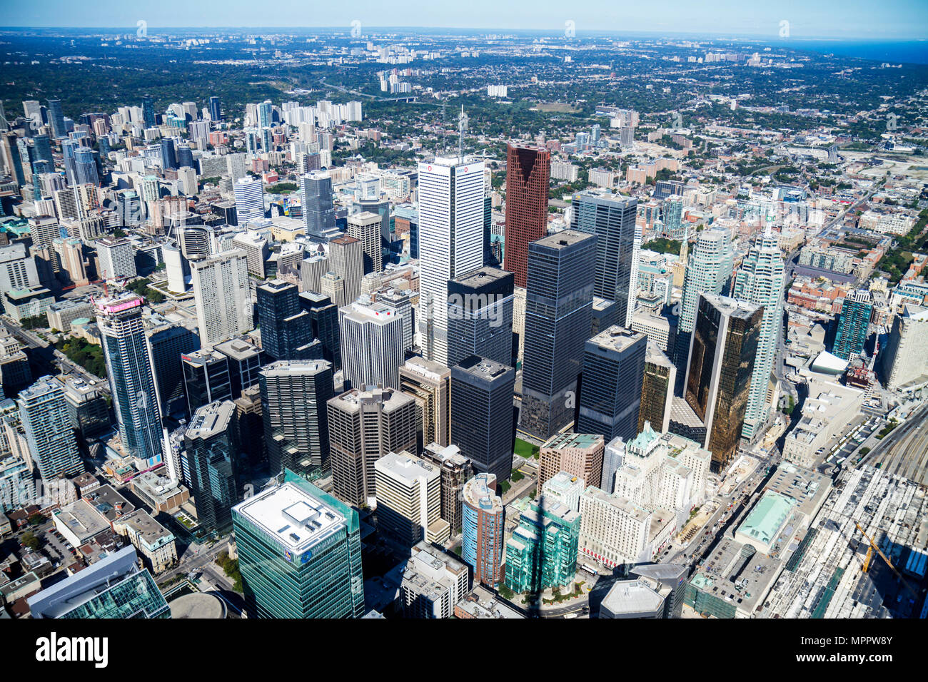 Toronto Canada,Bremner Boulevard,CN Tower,observation tower,telecomm antenna modern wonder,Sky Pod,window view northeast,Financial District,Yorkville, Stock Photo