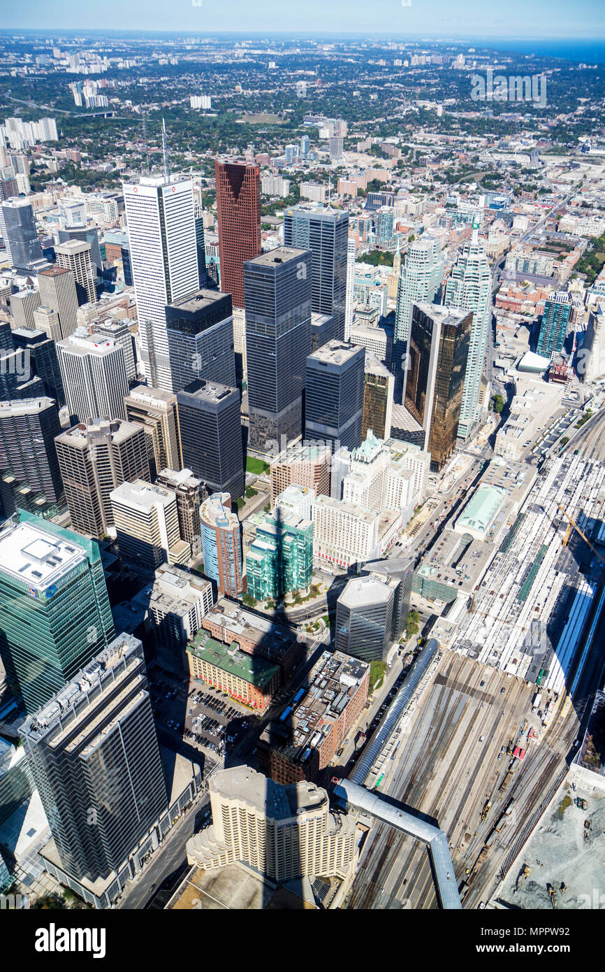 Toronto Canada,Bremner Boulevard,CN Tower,observation tower,telecomm antenna modern wonder,Sky Pod,window view northeast,Financial District,high rise Stock Photo