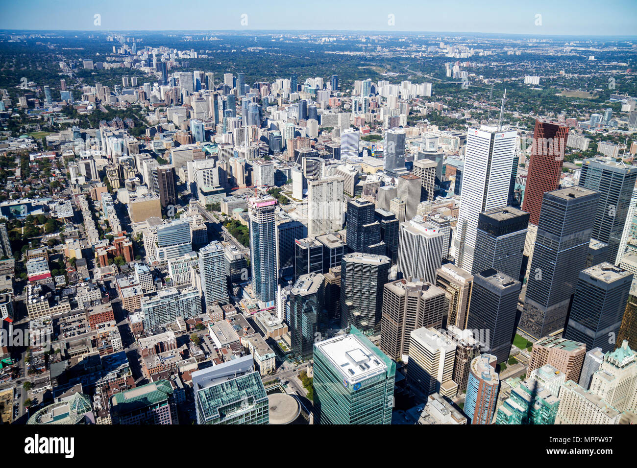 Toronto Canada,Bremner Boulevard,CN Tower,observation tower,telecomm antenna modern wonder,Sky Pod,window view northeast,Financial District,Yorkville, Stock Photo