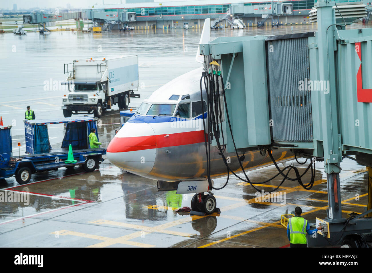 Toronto Canada,Lester B. Pearson International Airport,YYZ,terminal gate,company,US carrier,American Airlines,aircraft,tarmac,ground crew,window view, Stock Photo