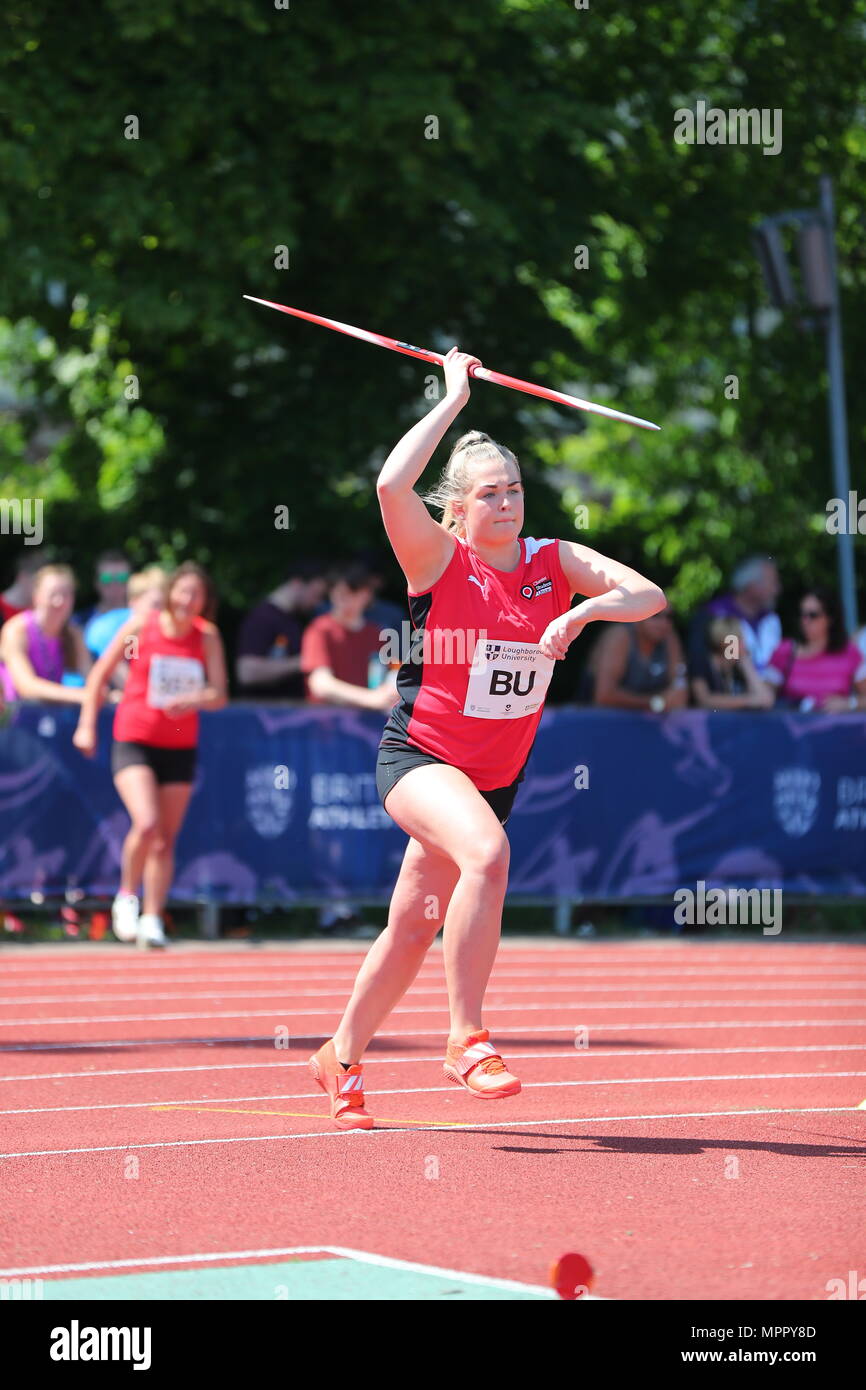Loughborough, England, 20th, May, 2018.   Sophie Percival competing in the Women's Javelin during the LIA Loughborough International Athletics annual  Stock Photo