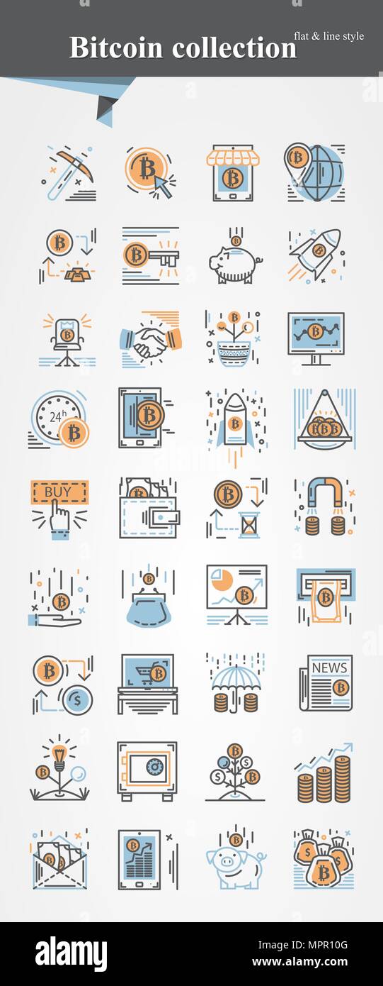 Bitcoin icon set modeern thin and flat line vector Stock Vector