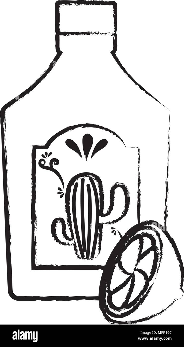 tequila bottle and lemon slice over white background, vector