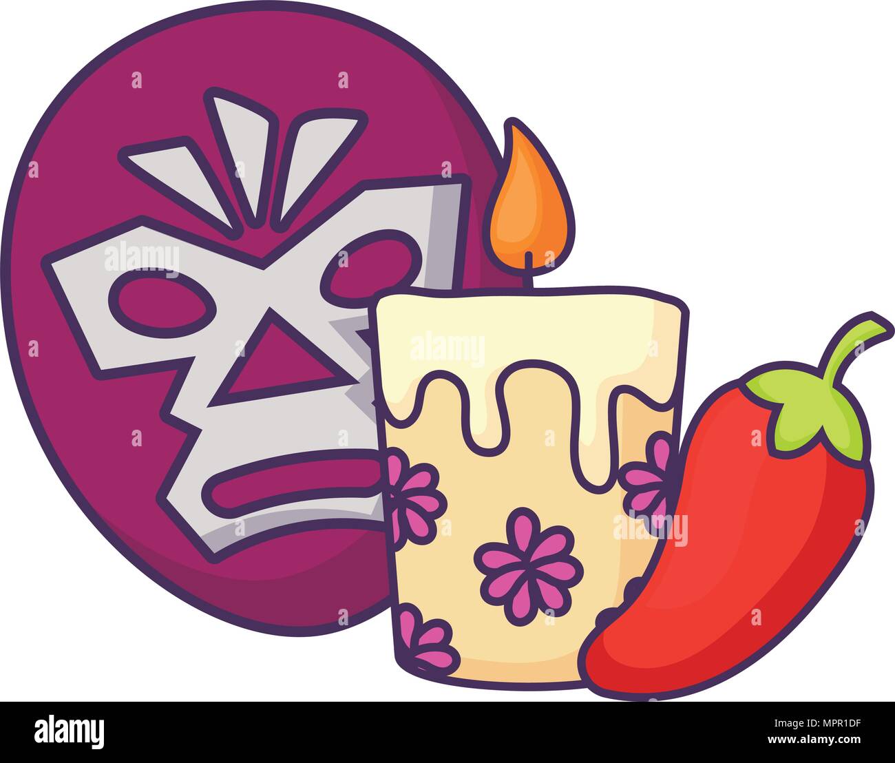 wrestler mask with candle and chili pepper over white background, vector illustration Stock Vector