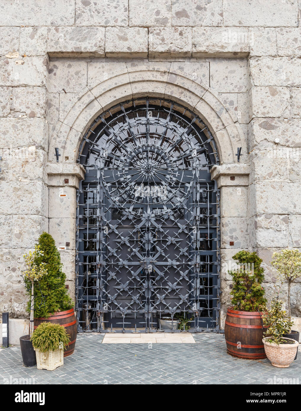 Metal door with flower pots Stock Photo - Alamy