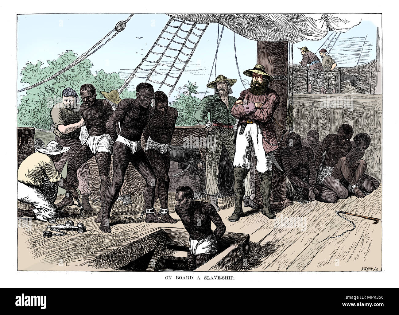 Captives being brought on board a slave ship on the West Coast of Africa (Slave Coast), c1880