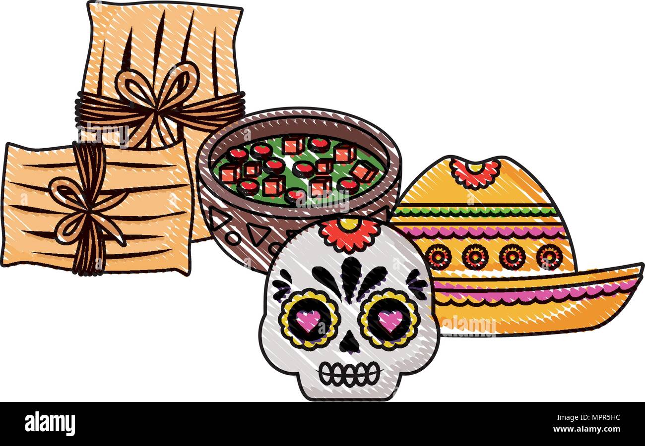 Mexican hat with mexican food and culture related icons over white