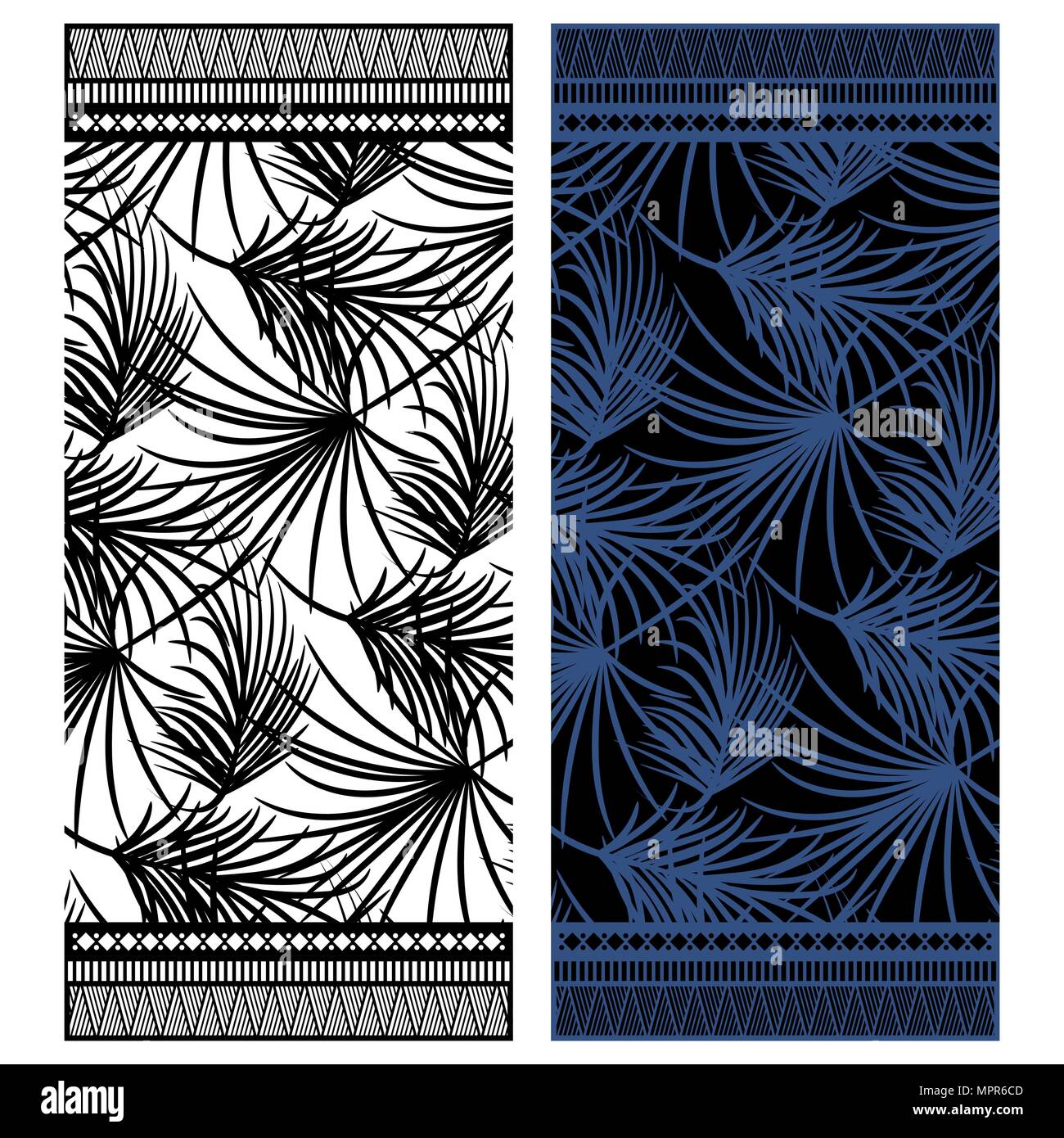 Beach towel vector design with palm leaves and borders. Stock Vector