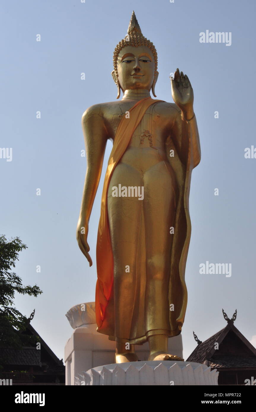 Buddha Statue, Thailand, Wat Salaeng, Amphoe Long, Phrae Province, Statue Gilded, Standing Buddha, Hand Gesture of Instruction, Curly Hair, Crown Stock Photo - Alamy Buddha Statue, Thailand, Wat Salaeng, Amphoe Long, Phrae Province, Statue Gilded, Standing Buddha, Hand Gesture of Instruction, Curly Hair, Crown Stock Photo - Alamy