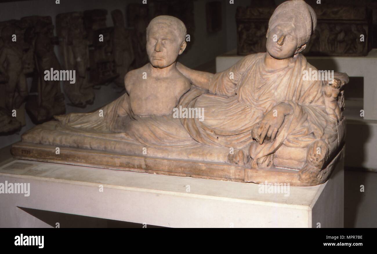 Sarcophagus woman holds bust of husband, c100-c110. Artist: Unknown. Stock Photo