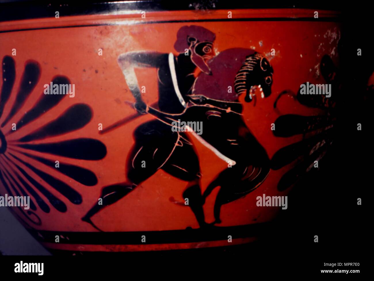 Greek Vase-Painting Hercules fights the Lion, c6th century BC. Stock Photo