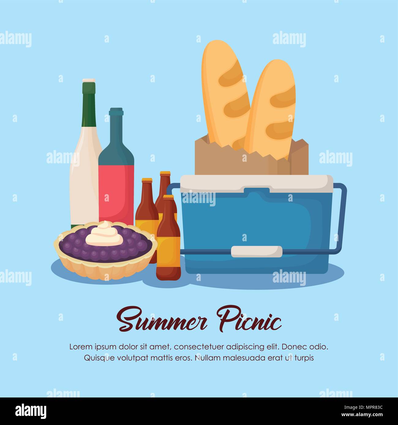 picnic summer design with  cooler and drink bottles over blue background, colorful design. vector illustration Stock Vector