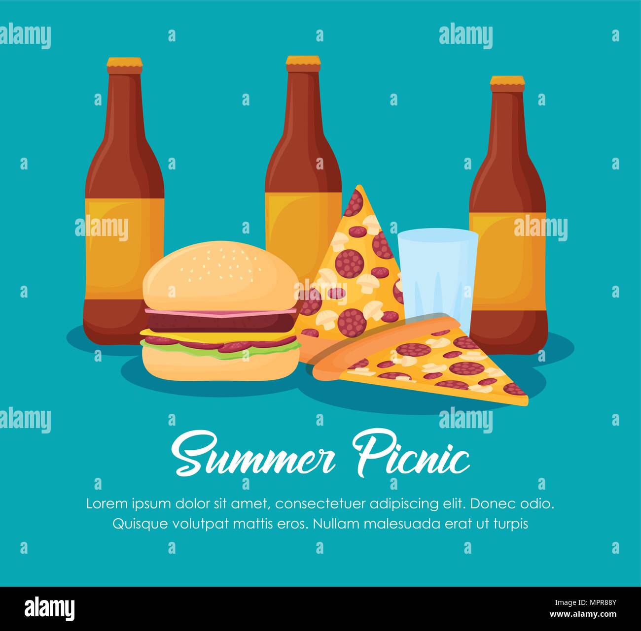 picnic summer design with beer bottles and pizzas over blue background, colorful design. vector illustration Stock Vector