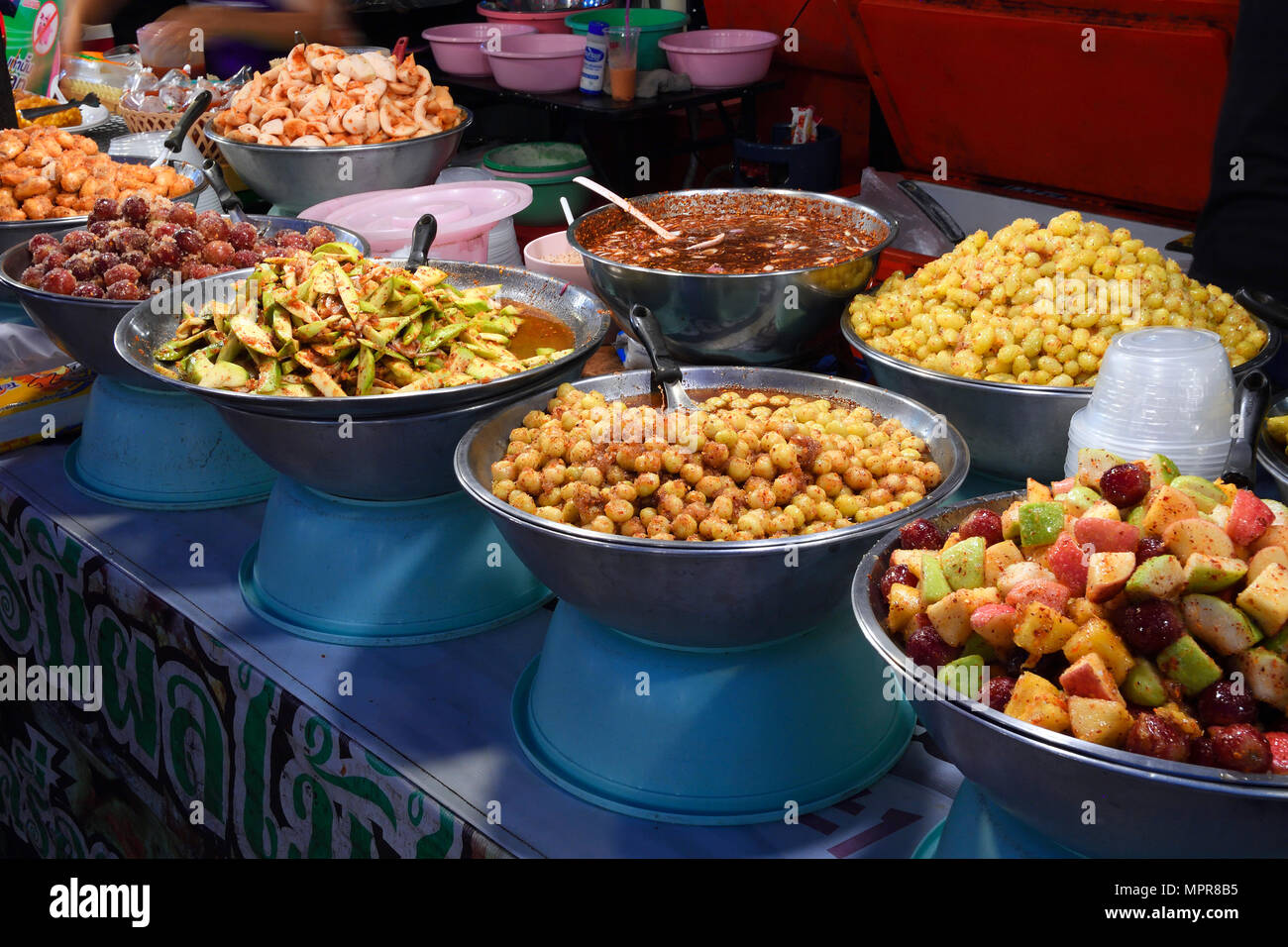 Food stand with typical dishes, Chillva Market, Phuket, Thailand Stock Photo