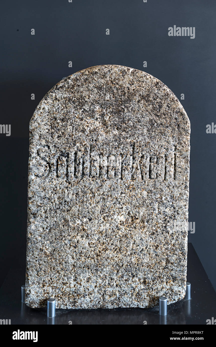 Granite stone with the inscription Cleanliness, exhibition room in the concentration camp memorial Flossenbürg, Flossenbürg Stock Photo