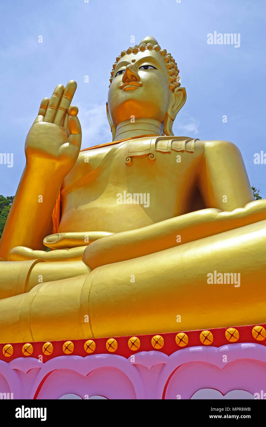 Sitting Golden Buddha, Temple Wat Khao Rang, Phuket, Thailand Stock Photo