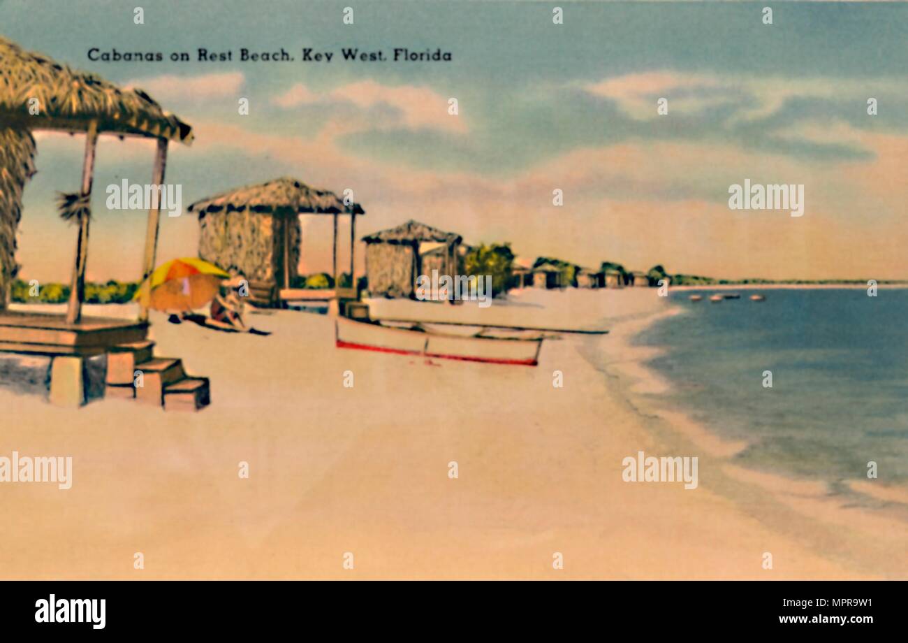 'Cabanas on Rest Beach, Key West, Florida', c1940s. Artist Unknown