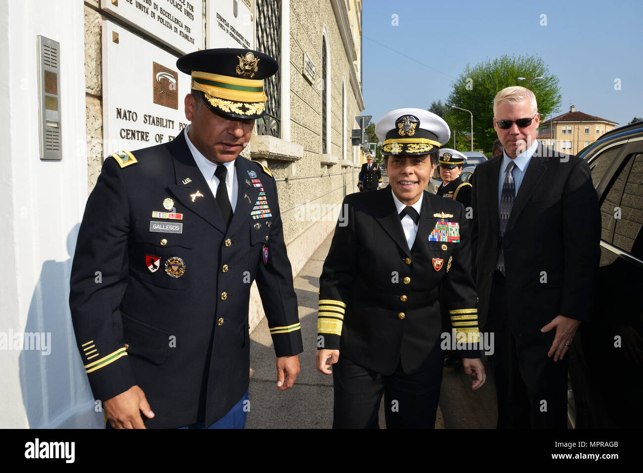 U.S. Army Col. Darius S. Gallegos, (CoESPU) deputy director, welcomes NATO JFC-Naples Commander, Admiral Michelle Howard, during visit at the Center of Excellence for Stability Police Units (CoESPU) Vicenza, April 10, 2017. (U.S. Army Photo by Visual Information Specialist Paolo Bovo/released) Stock Photo
