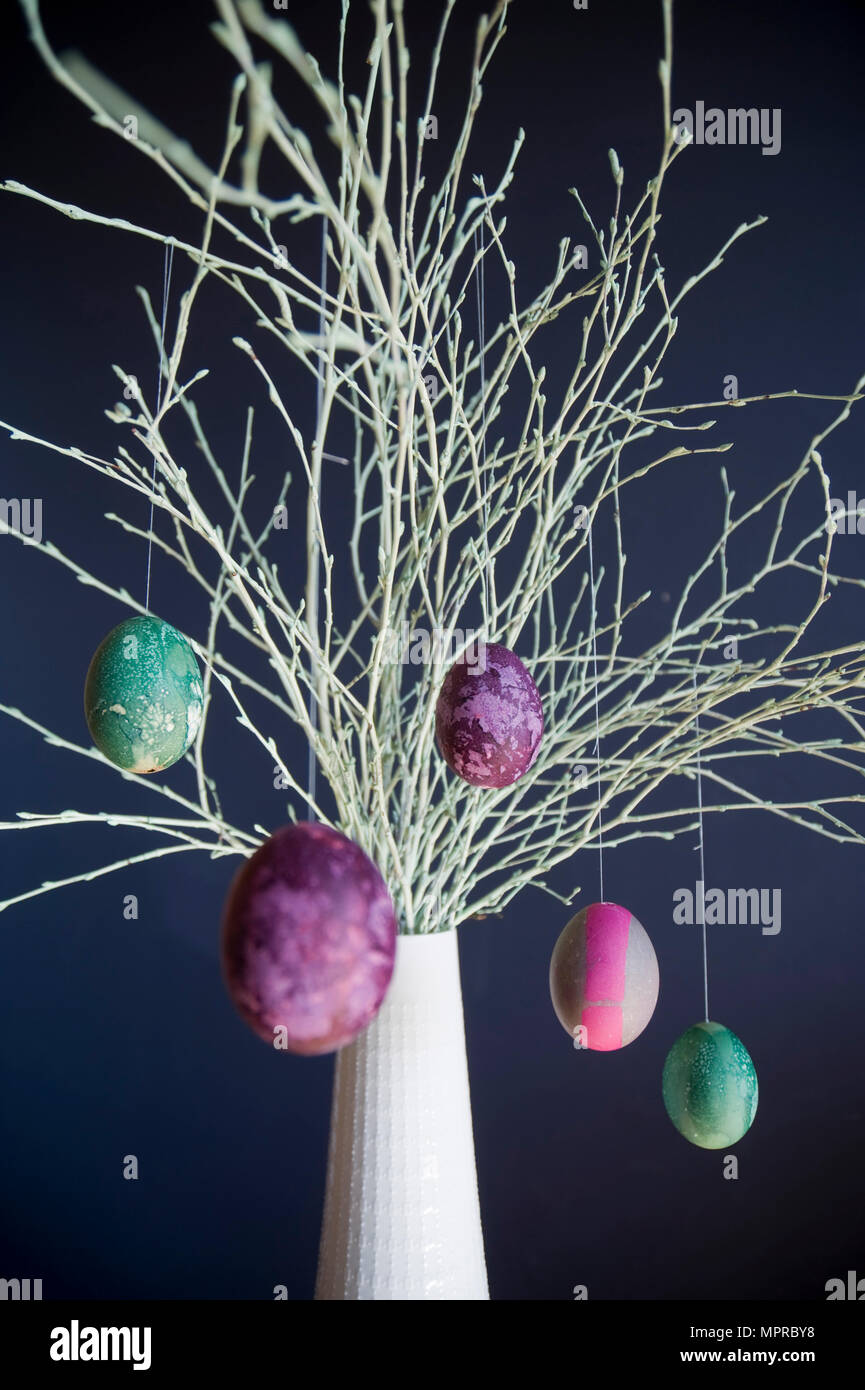 Sprayed twigs with dyed Easter eggs Stock Photo