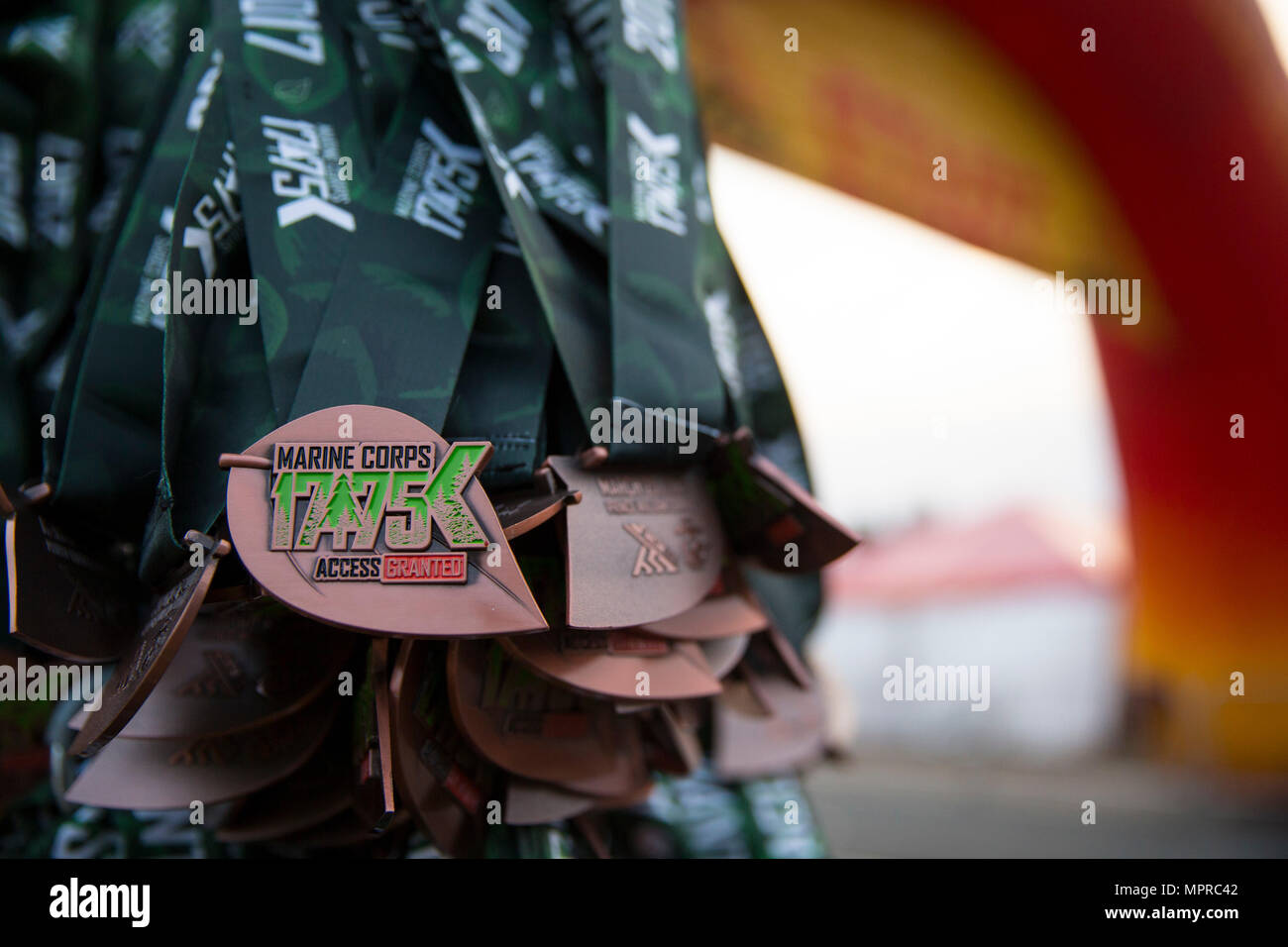 Medals are on display during the Marine Corps Marathon (MCM) 17.75K at  Prince William Forest Park, Va., March 25, 2017. The 17.75K distance  commemorates the year the Marine Corps was established and