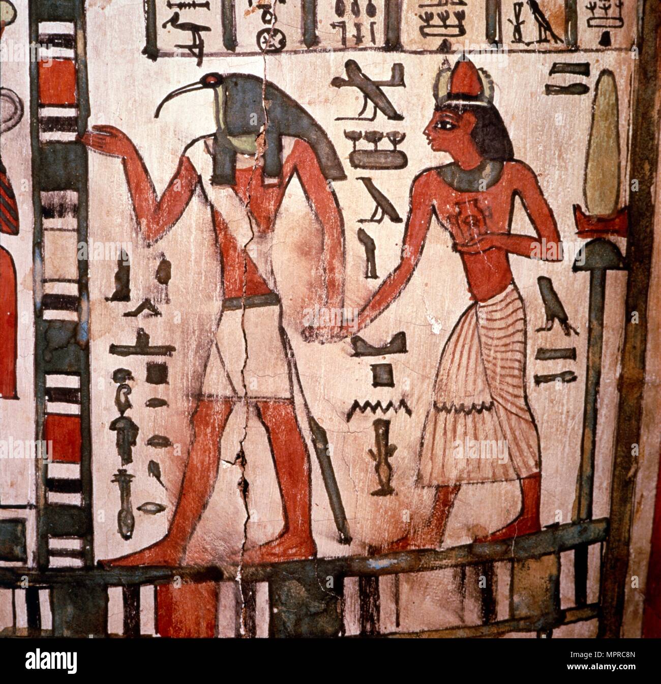 Thoth, Ibis-headed god leads the deceased to the Underworld, Mummy-case of Pensenhor, c900BC. Artist: Unknown. Stock Photo