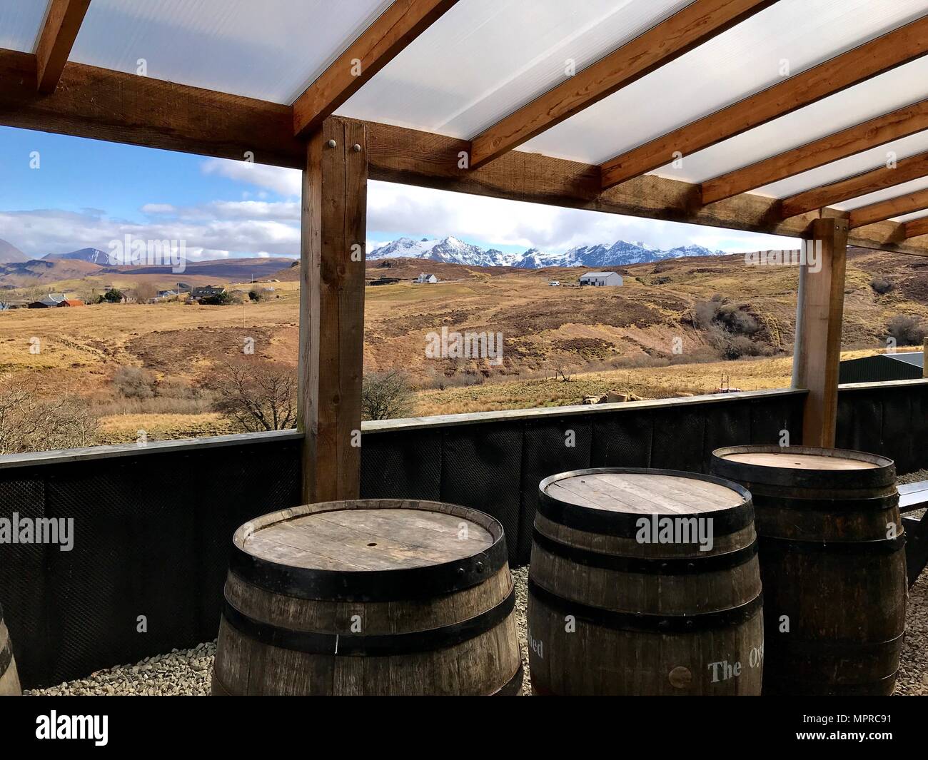 Cuillin Hills mountain view from The Oyster Shed Restaurant on Isle of Skye, Scotland near Talisker Distillery Stock Photo
