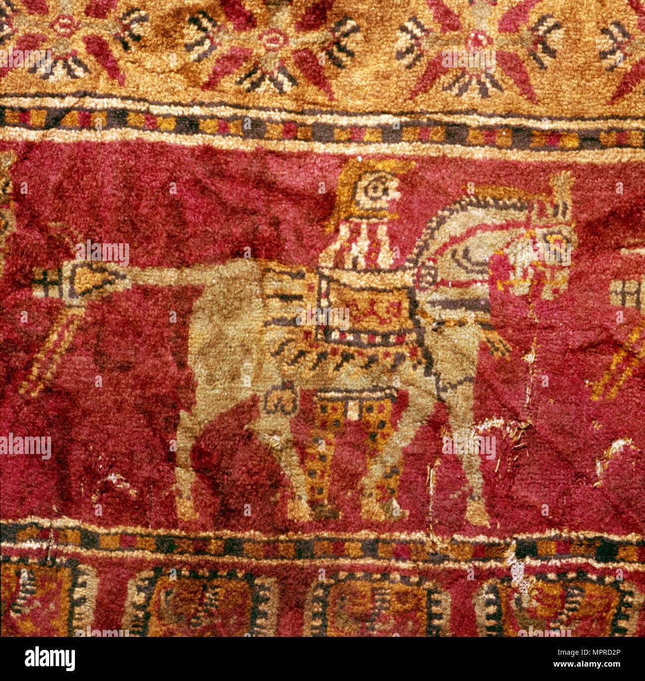 Carpet detail, Man and Horse, from Tomb at Pazyryk, Altai, USSR, 5th century BC-4th century BC Artist: Unknown. Stock Photo