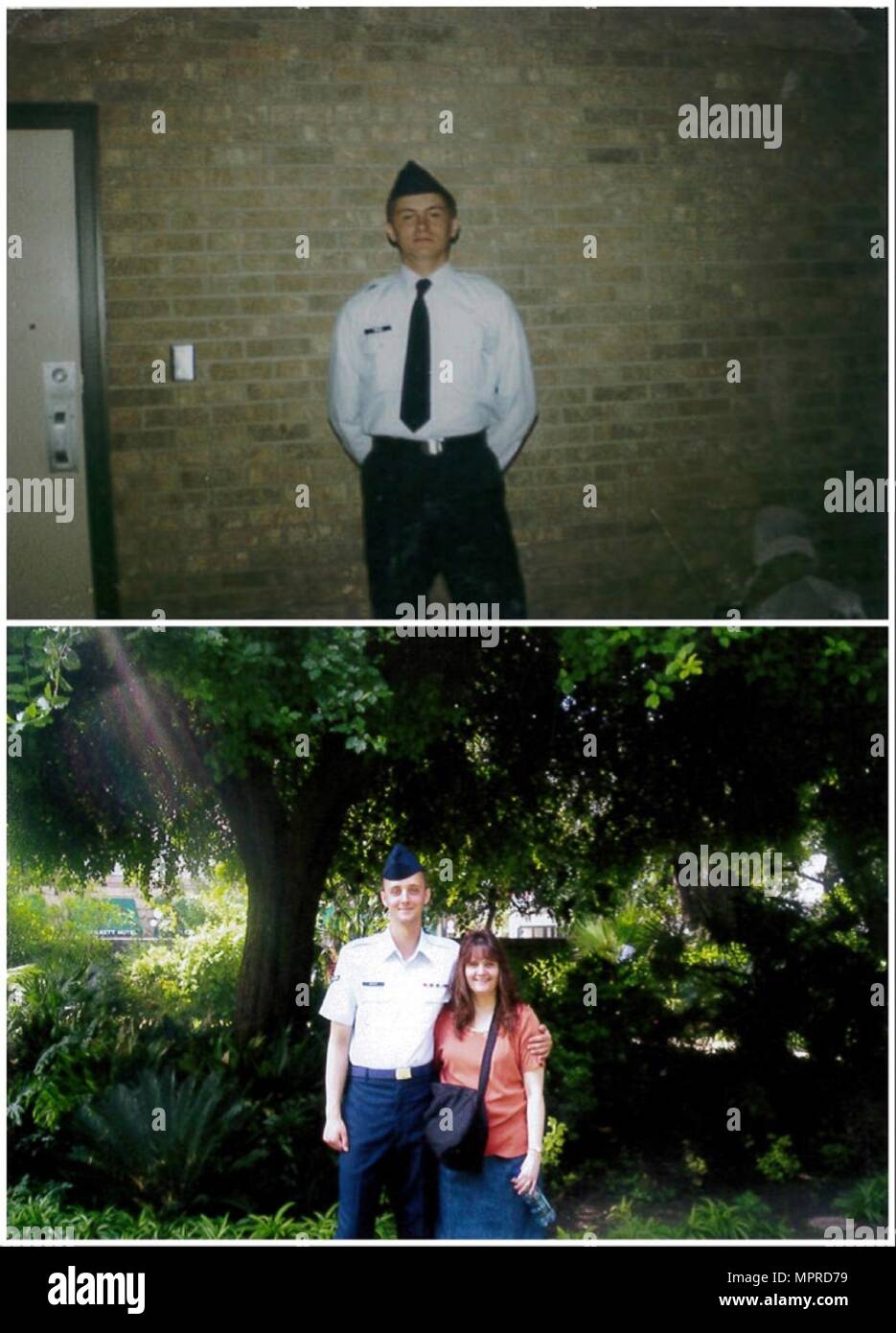 Top) Rob Wright poses for a photo at Basic Military Training at Lackland  Air Force Base, Texas, in 1979. (Bottom) Wes Wright poses for a photo in  San Antonio, Texas following graduation