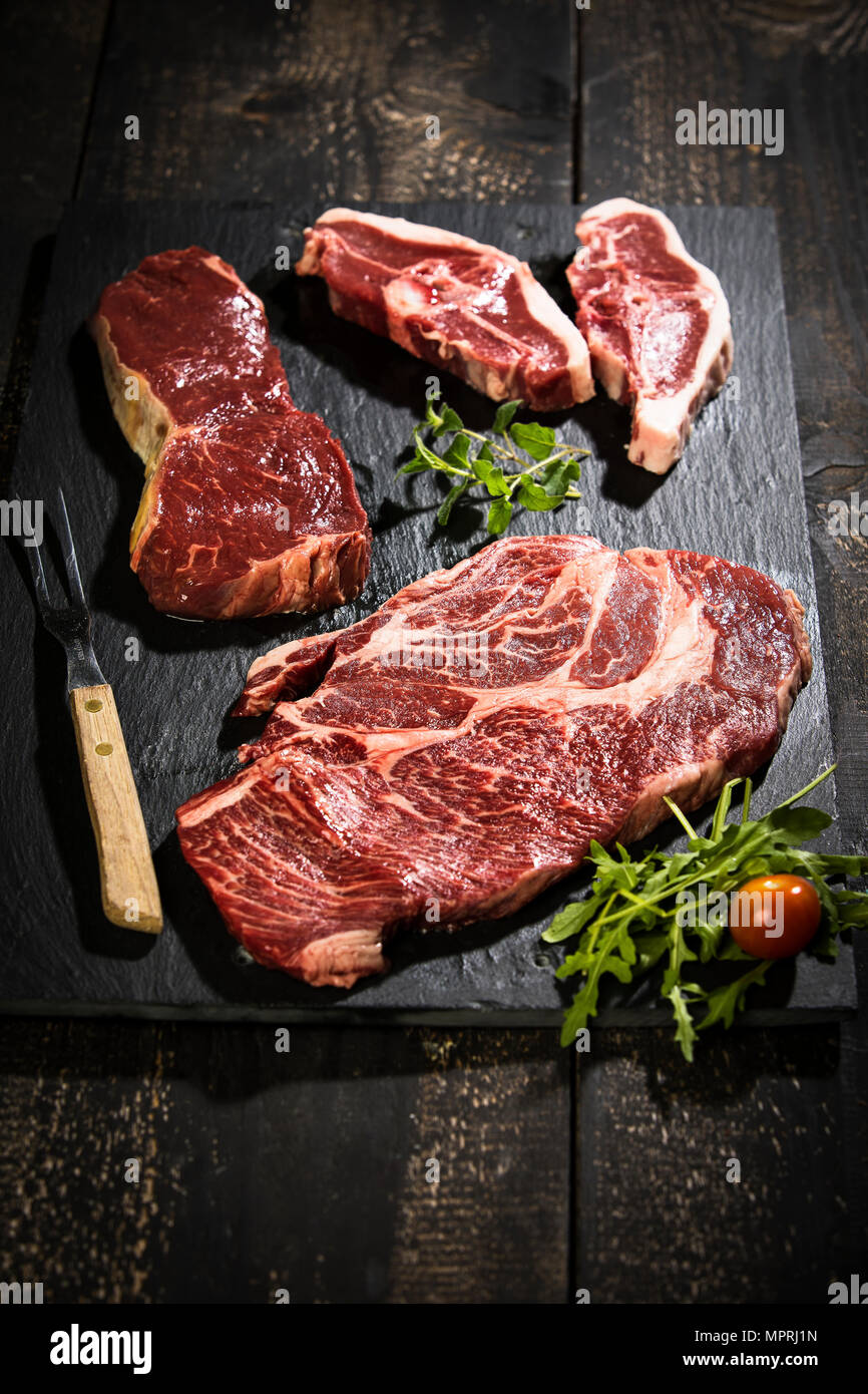 Raw meat, roast beef , american chuck eye steak and lamb chop Stock