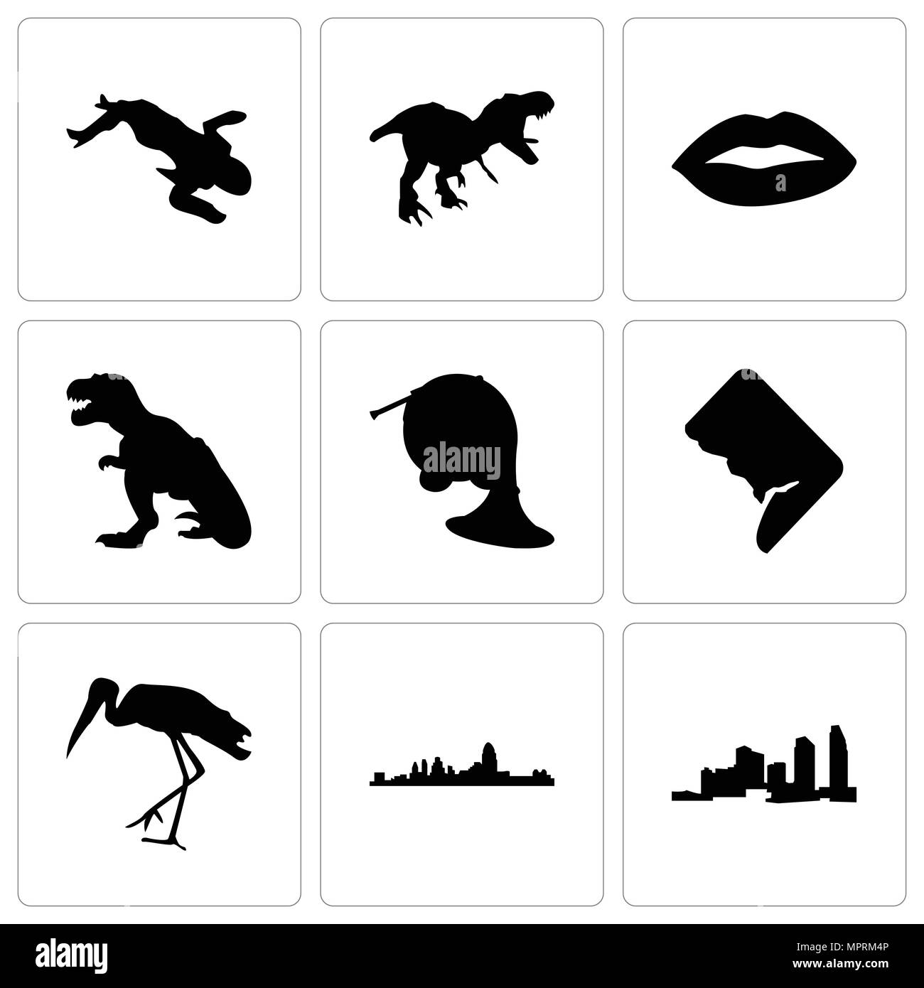 Set Of 9 simple editable icons such as long island, cincinnati, stork, dc, french horn, t rex, lips, crime scene body, can be used for mobile, web Stock Vector