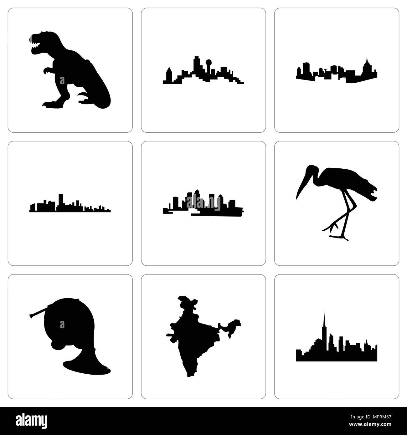 Set Of 9 simple editable icons such as nyc, india map, french horn, stork, florida, pittsburgh, dallas, t rex, can be used for mobile, web Stock Vector