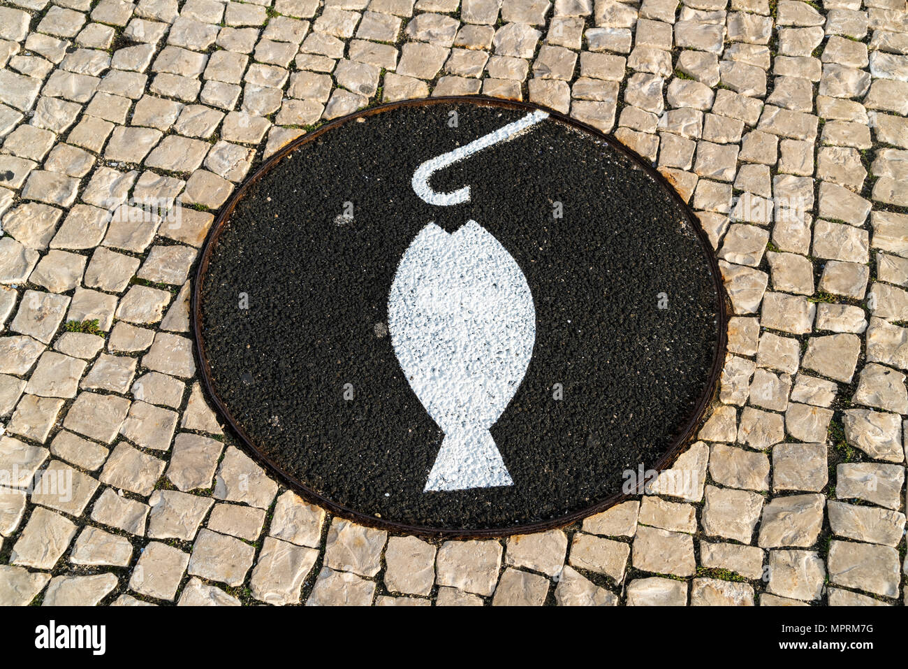 Portugal, Lisbon, fishing sign on the ground Stock Photo