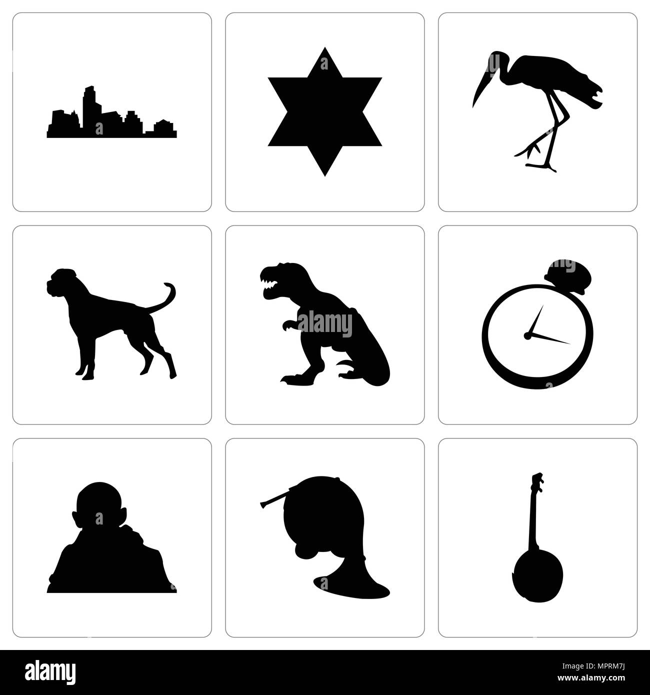 Set Of 9 simple editable icons such as banjo, french horn, gandhi, pocket watch, t rex, boxer dog, stork, star of david, austin, can be used for mobil Stock Vector