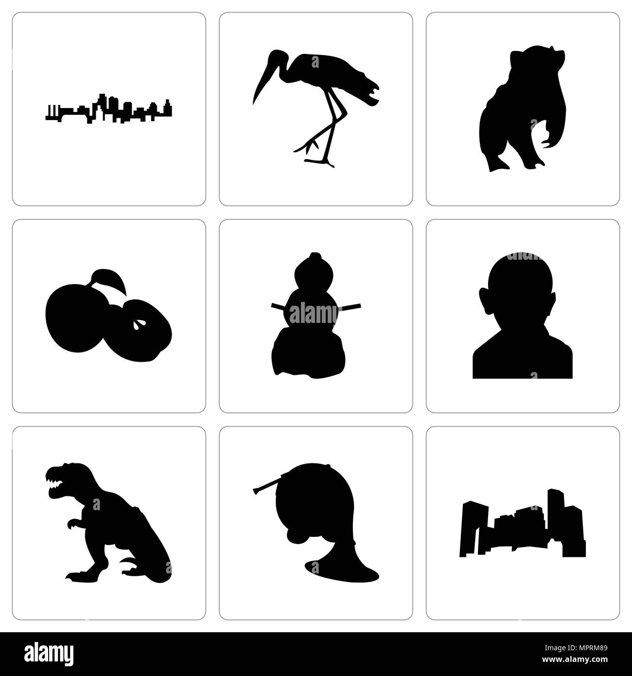 Set Of 9 simple editable icons such as minnesota, french horn, t rex, gandhi, snowman, apple, badger, stork, kansas city, can be used for mobile, web Stock Vector