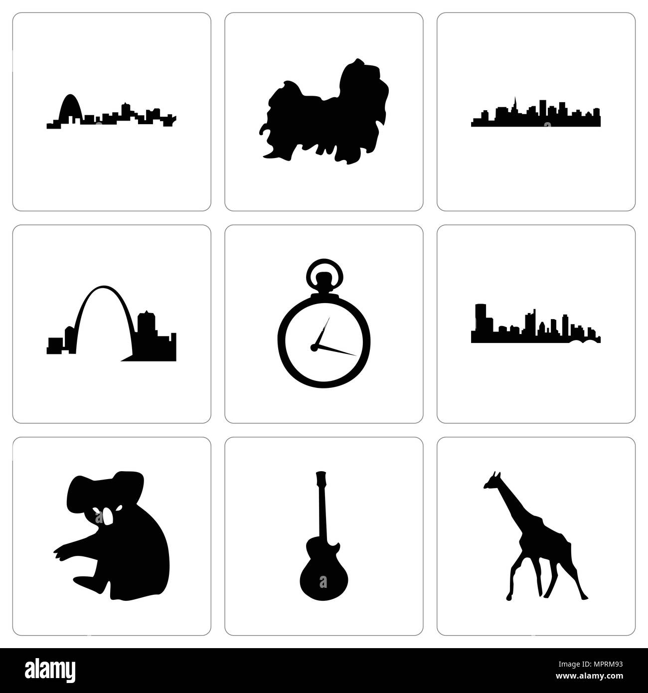 Set Of 9 simple editable icons such as giraffe, image les paul, koala, austin, pocket watch, missouri, st shih tzu, can be used for mobile, web Stock Vector